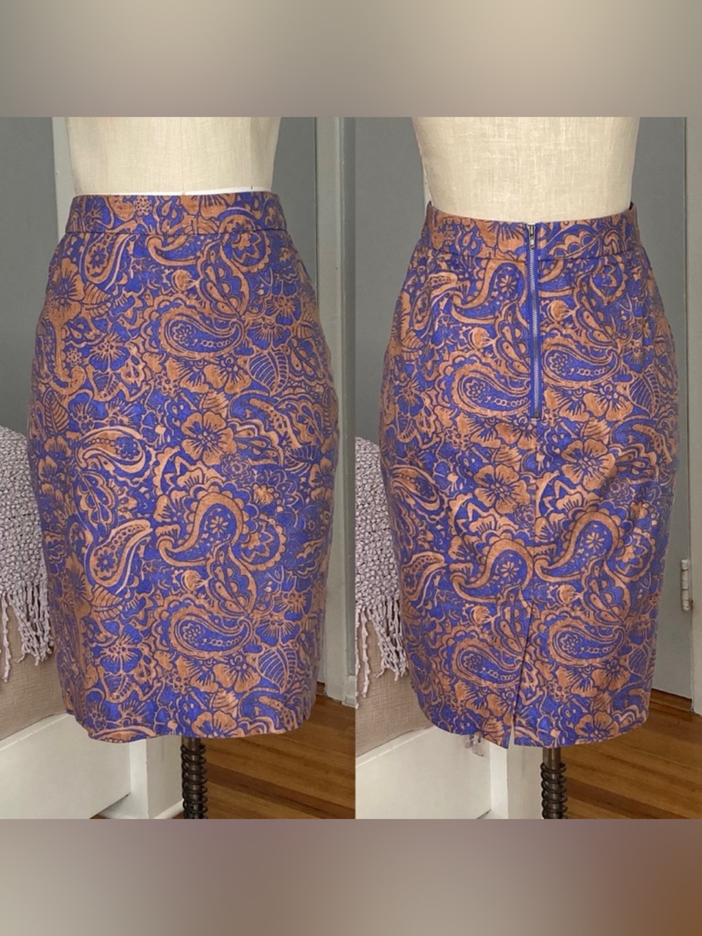 Womens Loft blue / tan paisley printed pencil skirt in size 4